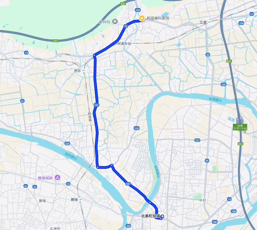 北島(北島町役場)からの経路案内 和田歯科医院 地図